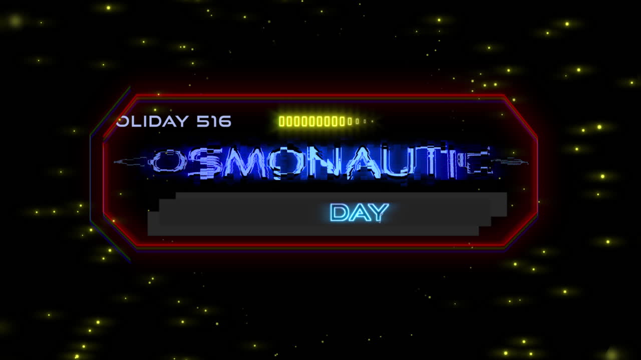 Cosmonautics Day on digital screen with HUD elements in galaxy