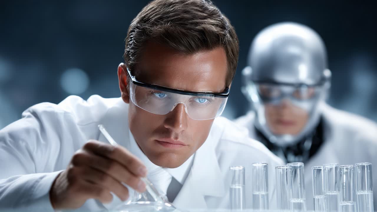 Focused Scientist Conducting Experiments in a Lab with High-Tech Equipments and a Mysterious Figure in the Background