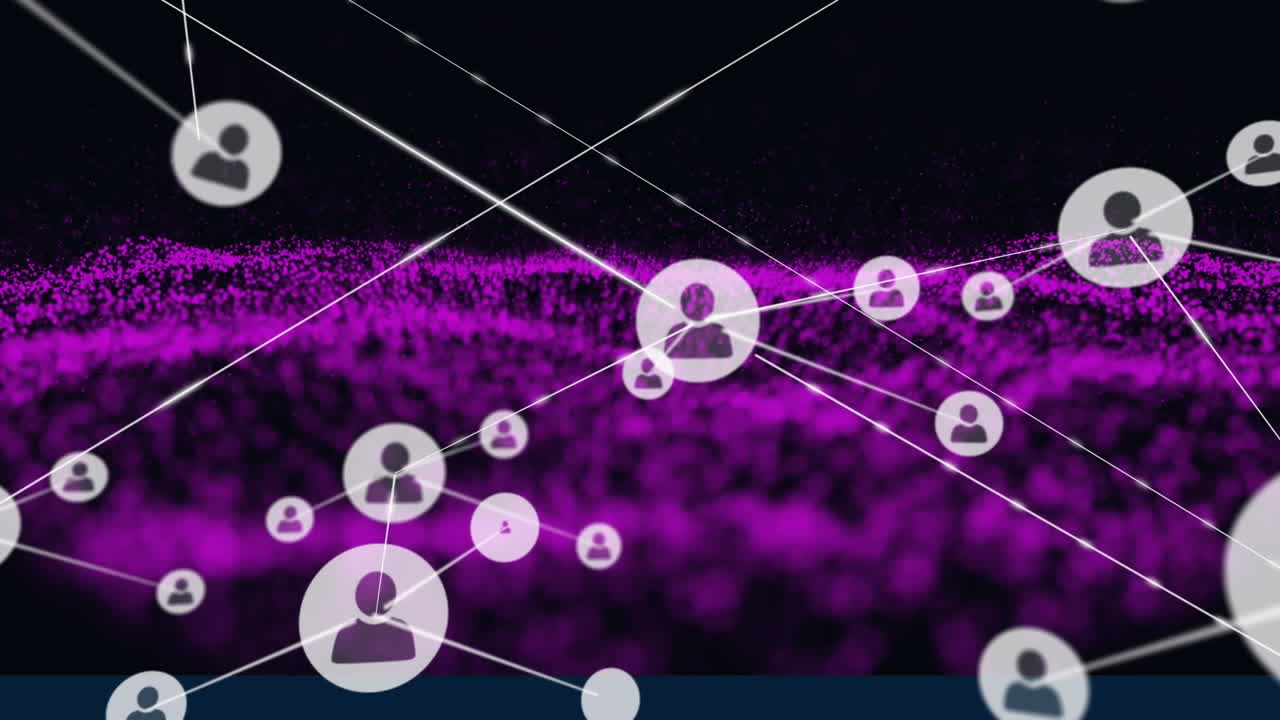 Animation of network of connections with people icons over glowing mesh