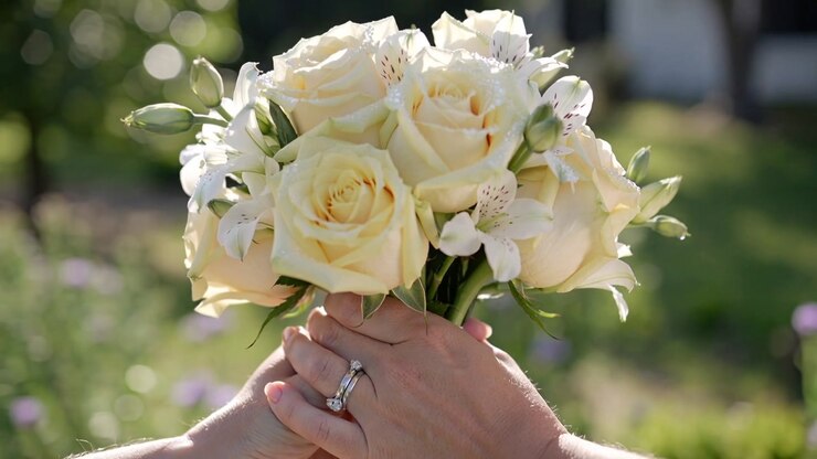 Presenting two adults' hands adjusting grip on bouquet in garden, revealing wedding ring set