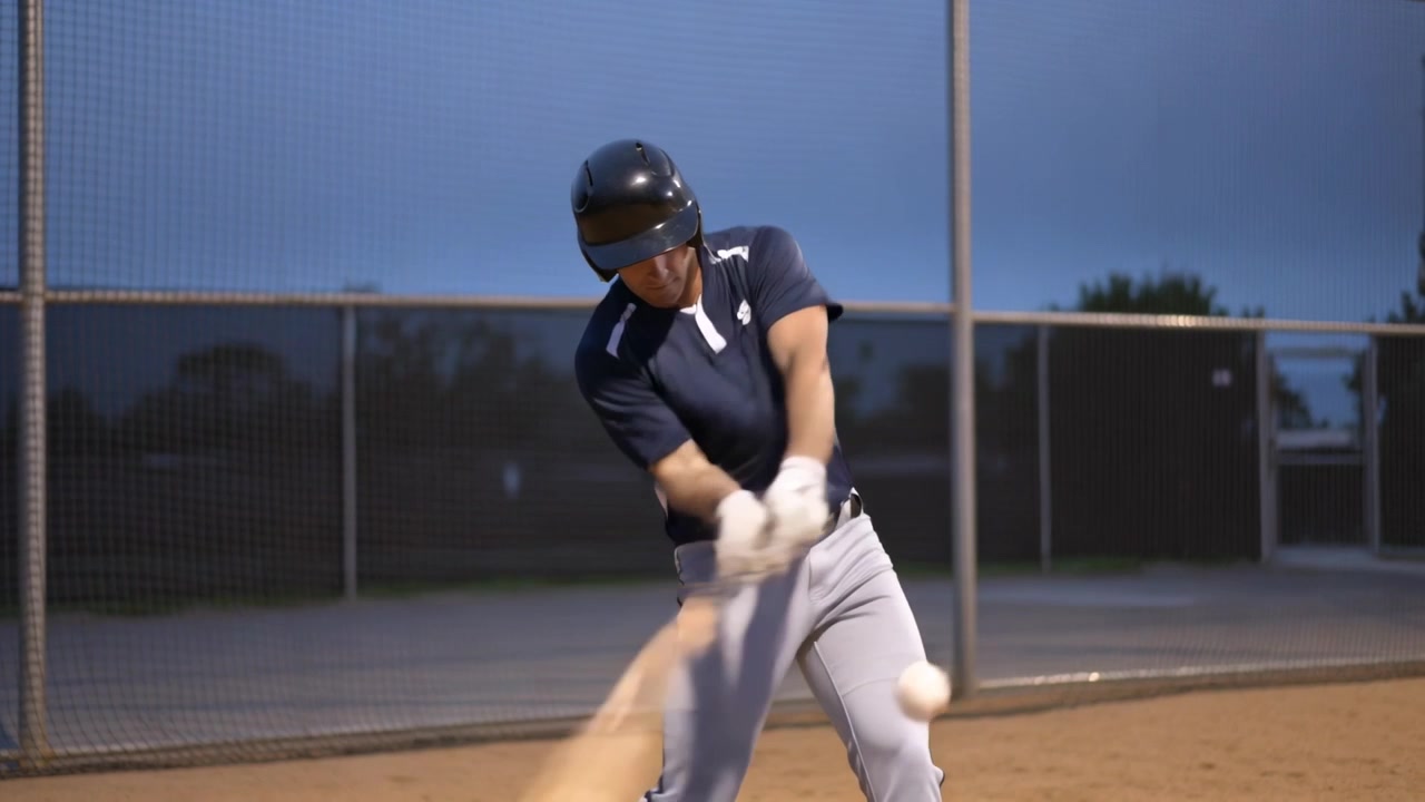Lancio in arrivo, un battitore con il casco che oscilla una mazza di legno su un campo da baseball al tramonto per colpire la palla.