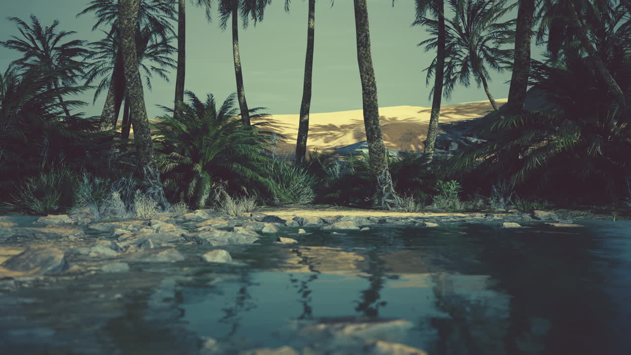 Colorful scene with a palm tree over a small pond in a desert oasis