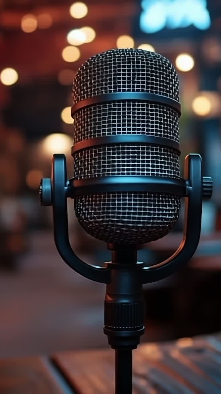 Microphone on a table in a lively venue. A vintage microphone stands on a wooden table in a bustling cafe during the evening, surrounded by warm lights.