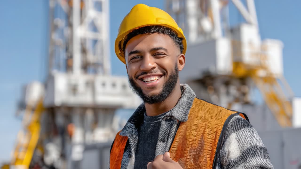 A Confident Oil Worker in a Hard Hat and Orange Vest Smiling at the Camera in Front of Drilling Equipment, Showcasing the Energy Industry
