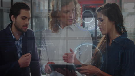 discussing futuristic data visualization, business professionals using digital interface in office