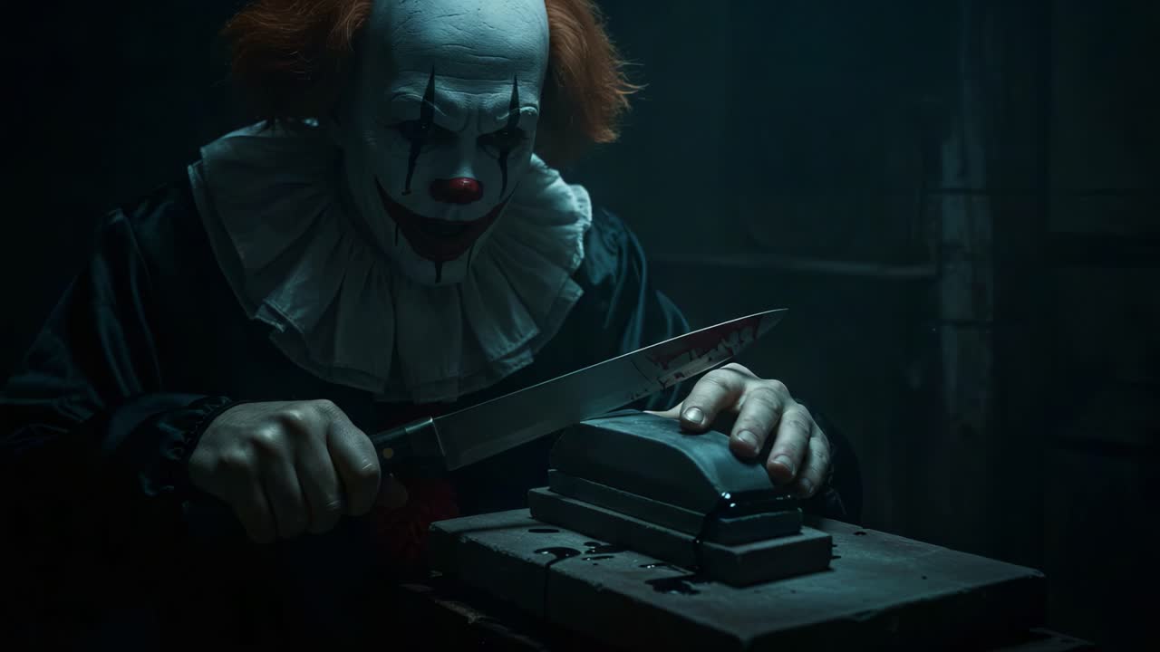 A Sinister Clown Preparing for a Dark Act with a Bloodied Knife and Mysterious Object in a Dimly Lit, Eerie Environment, Heightening the Sense of Foreboding