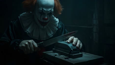 a sinister clown preparing for a dark act with a bloodied knife and mysterious object in a dimly lit, eerie environment, heightening the sense of foreboding