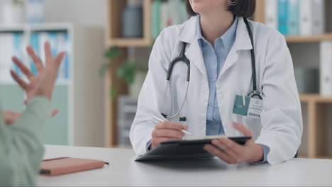 Hospital,-clipboard-and-woman-consulting-doctor