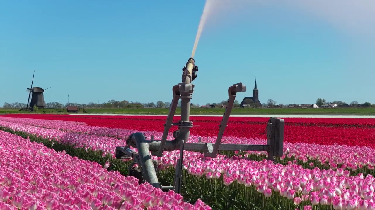 Landbrugsvandingssprinkler vander tulipanmark i Holland