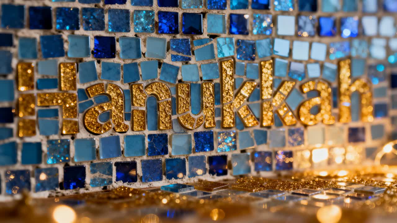 Shifting focus mosaic panel catching light at mantel with glitter, bringing gold Hanukkah lettering