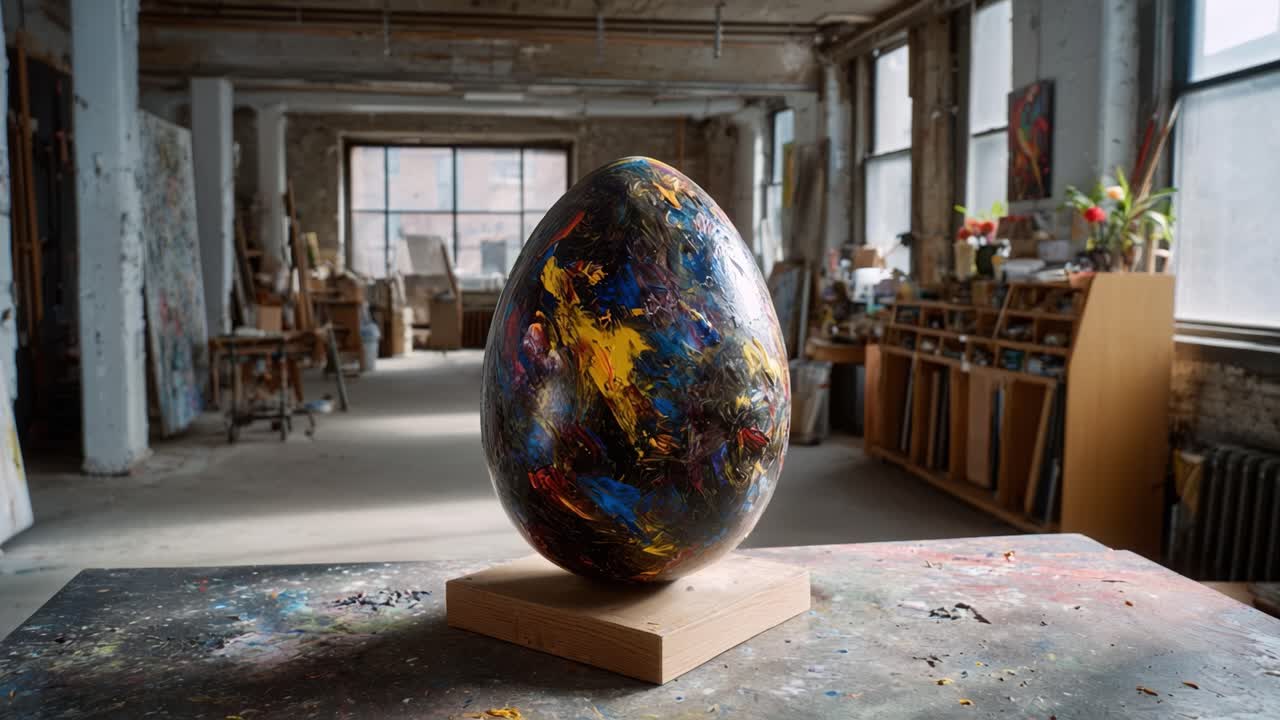 Artistic and Colorful Egg Sculpture Displayed in an Artist's Studio, Showcasing Abstract Paint Colors and Textures Amidst a Creative Workspace Environment