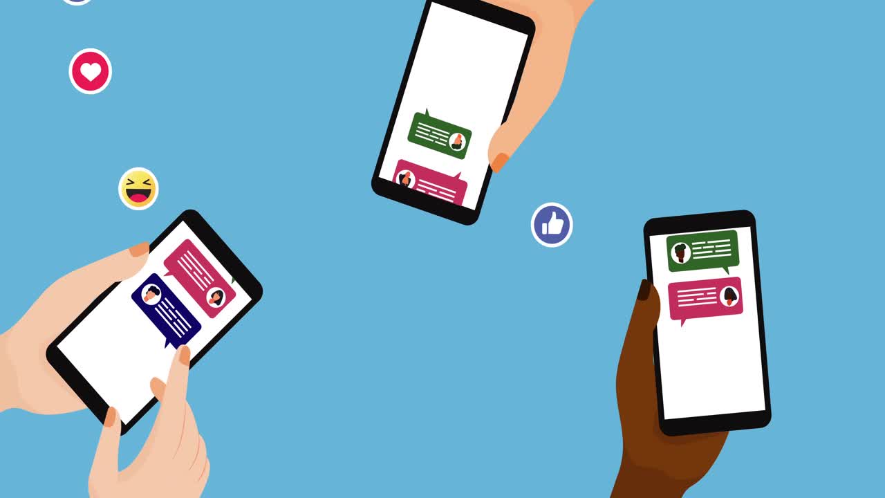 Animation of people holding smartphones social networking with icons