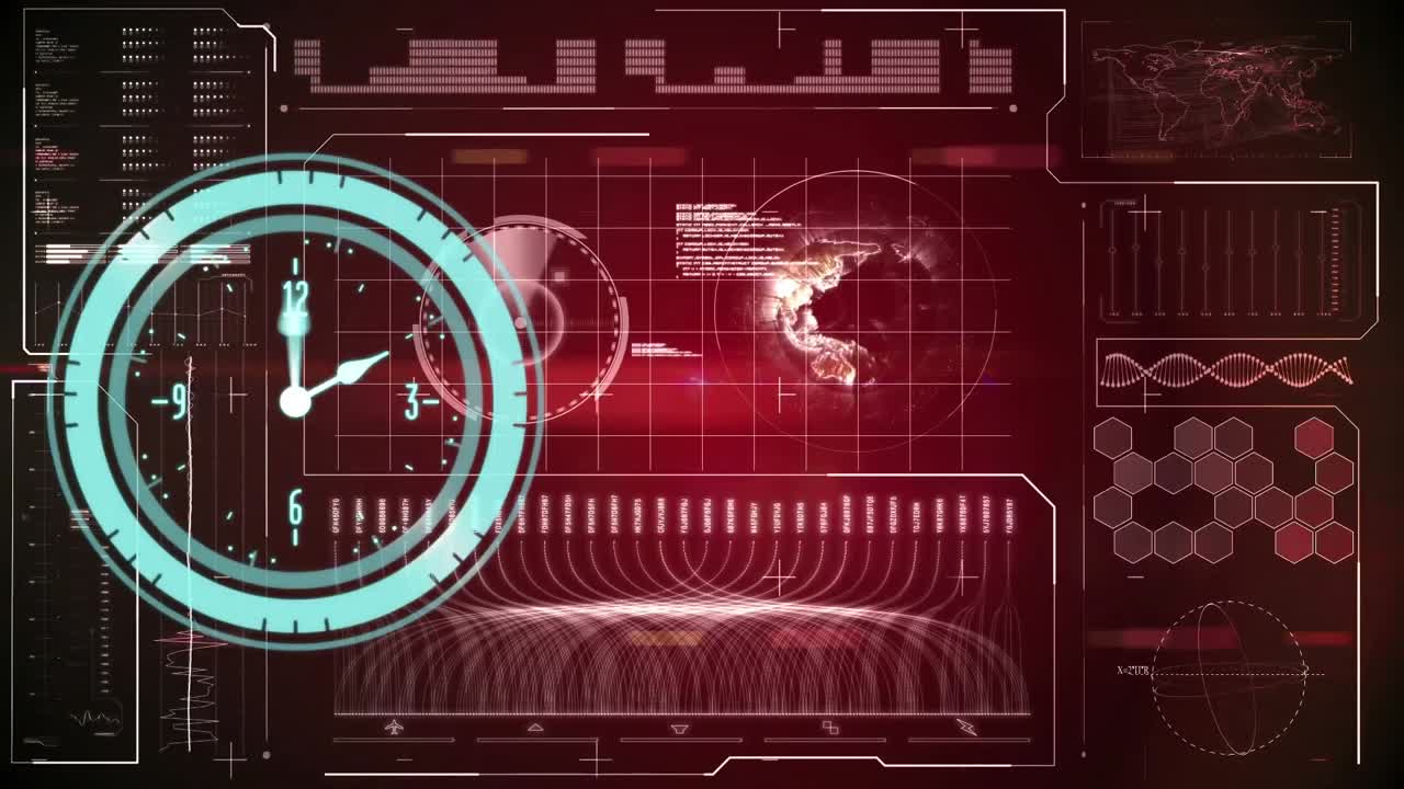 Animation of neon ticking clock over interface with data processing against red background