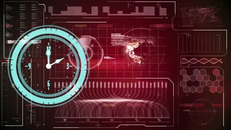 animación de reloj de neón sobre la interfaz con procesamiento de datos contra fondo rojo