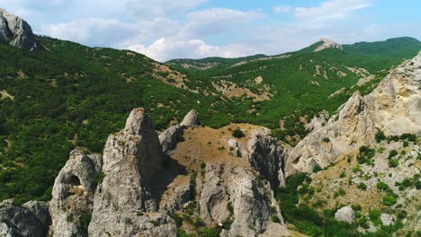 mountainous landscape with rocky peaks and lush forest