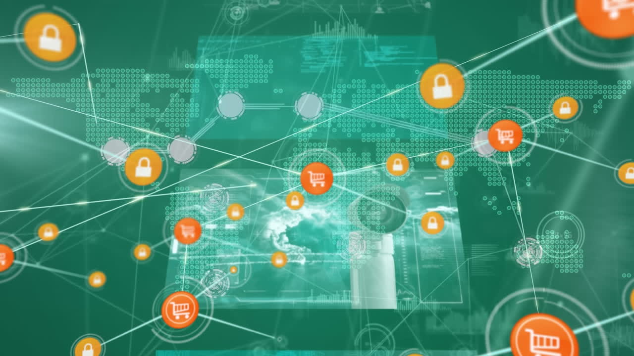 연결된 아이콘, 지구, 눈, 감시 카메라, 지도에서 기술을 사용하여 절단 된 손의 애니메이션