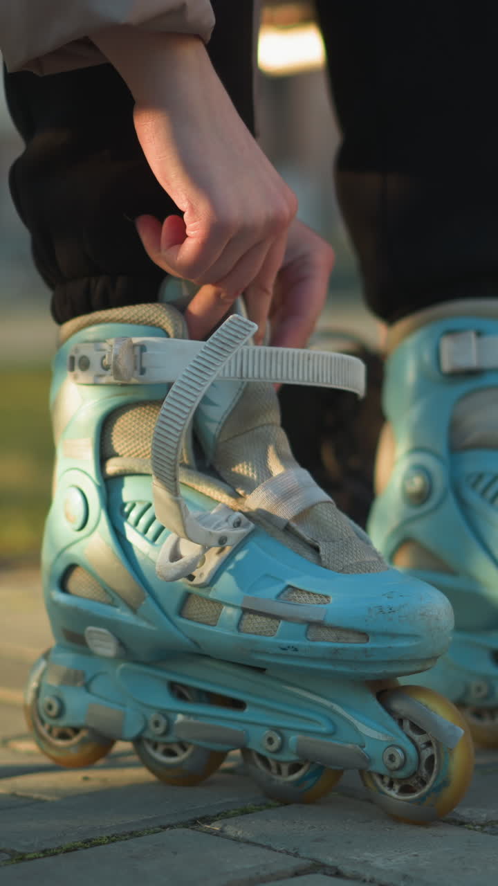 A person sitting in a park, fastening the straps on their second rollerblade while already wearing the first one. moments of preparation before engaging in a rollerblading activity
