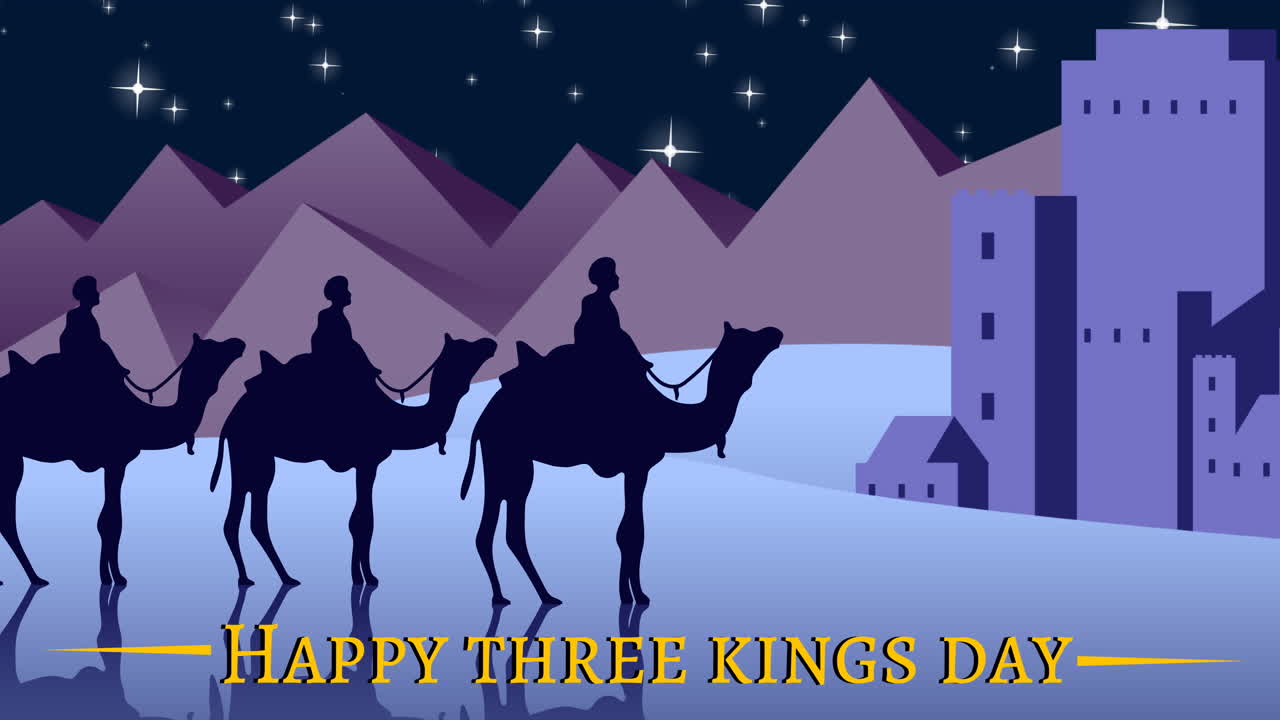animación de feliz tres reyes texto de día sobre tres reyes y estrellas por la noche
