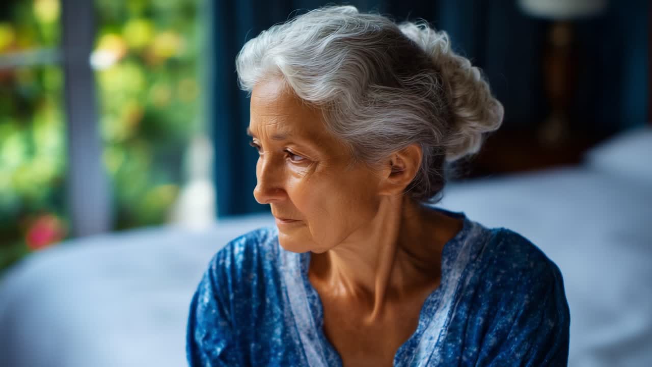 Una donna contemplativa riflette sulla sua vita seduta in una stanza serena piena di luce naturale, accennando a ricordi ed emozioni del suo passato