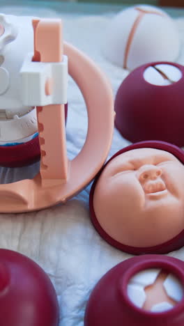 medic training baby birth. training model for students studying medicine. vertical video