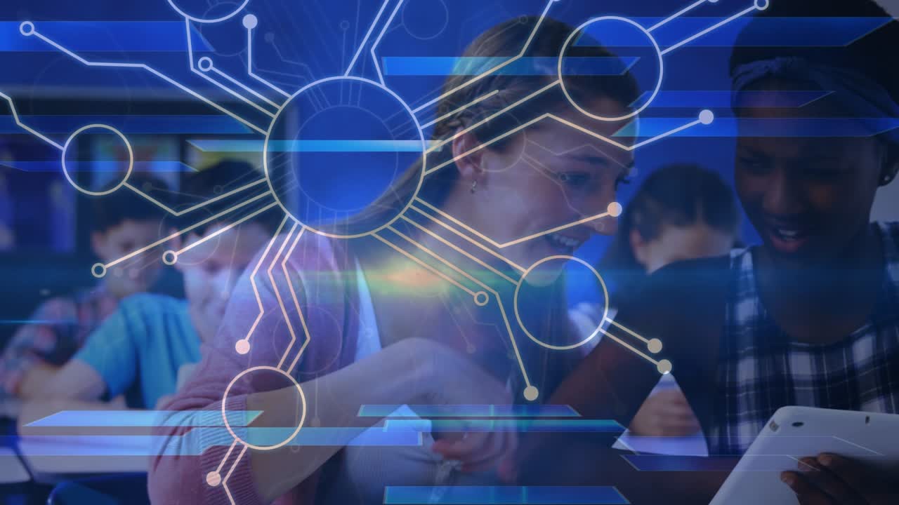 Microprocessor connections over two diverse girls using digital tablet in the class at school