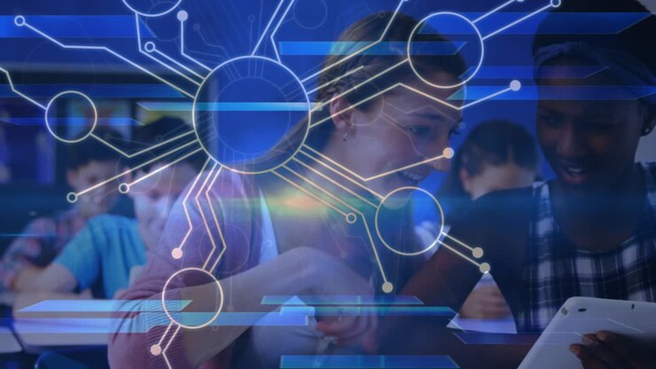 Microprocessor connections over two diverse girls using digital tablet in the class at school