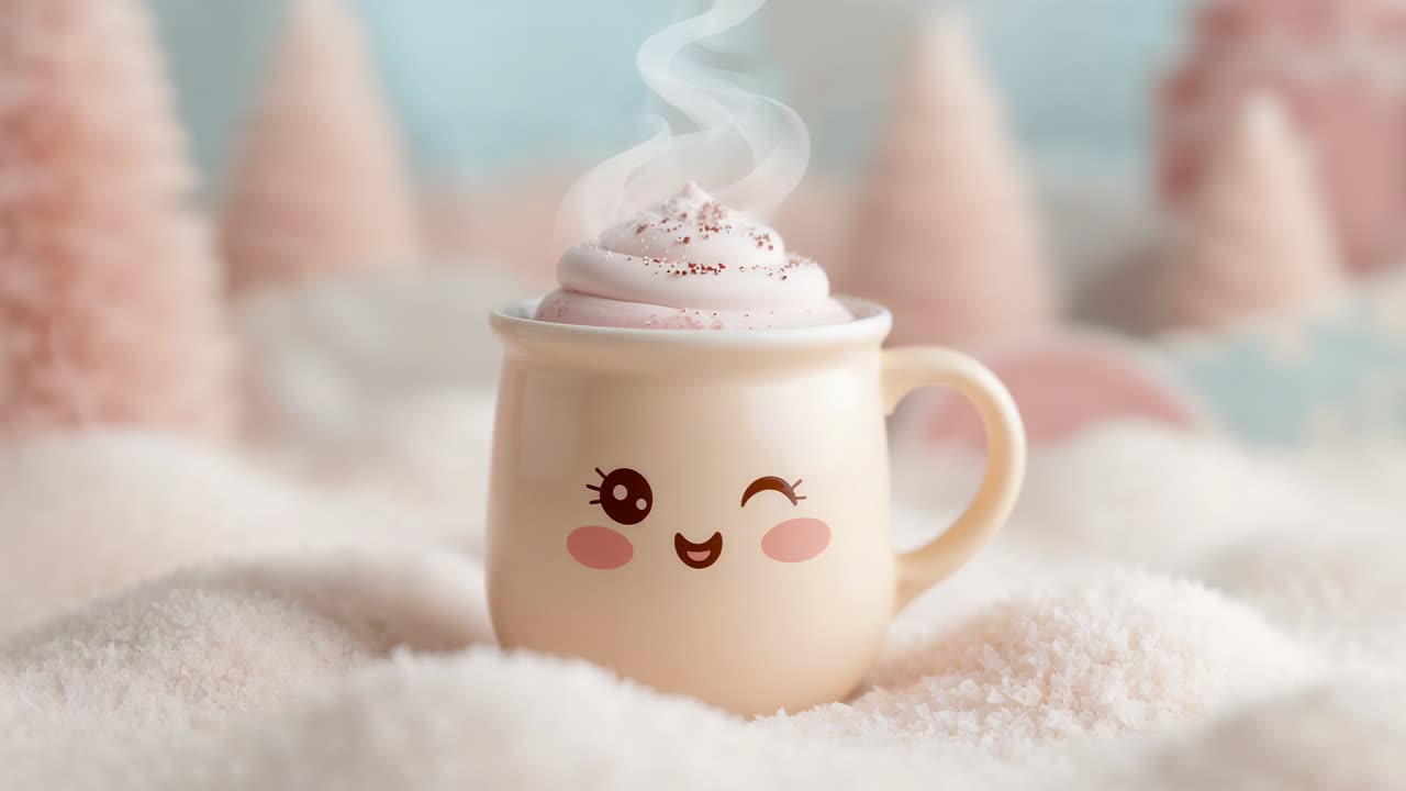 Zooming camera moving beige mug closer on snowy tabletop, showing whipped topping and kawaii wink