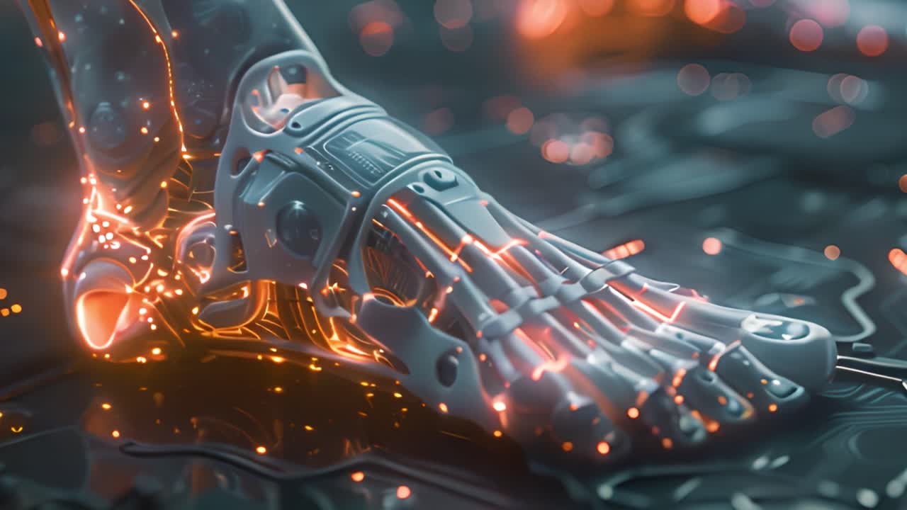 Close-up of a futuristic cybernetic foot with glowing circuitry