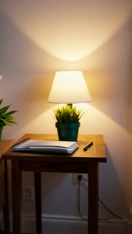 bedroom nightstand with plants and lamp