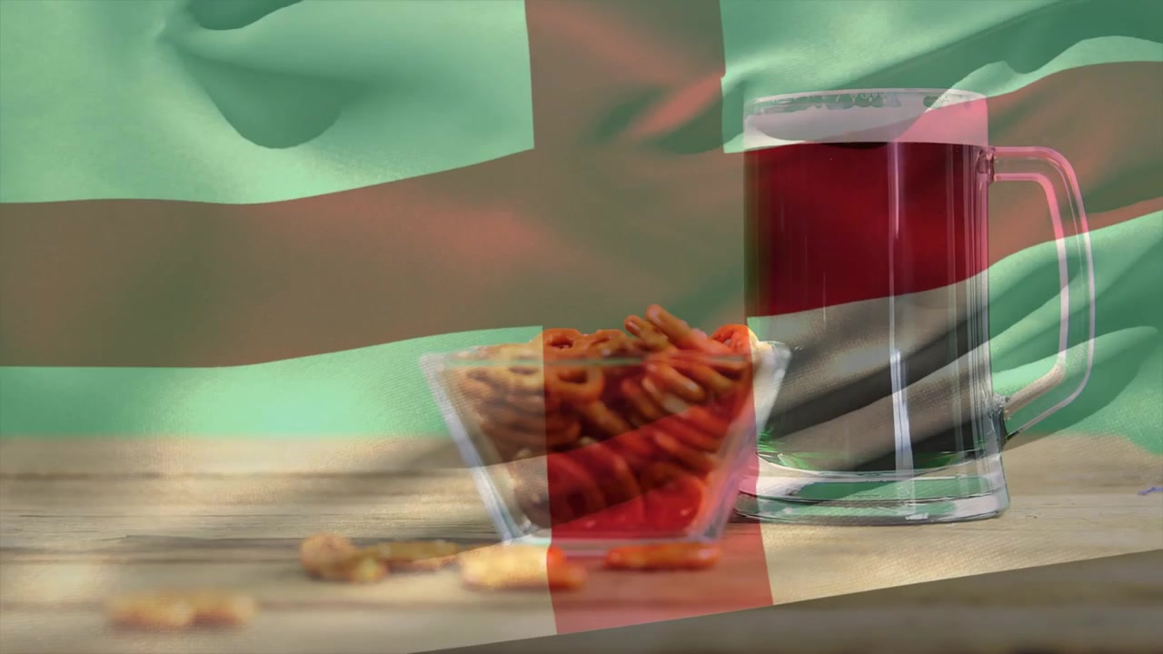 Sobreposição de bandeira começando e tremulando, flutuando sobre tigela e caneca, destacando a exibição de lanches.