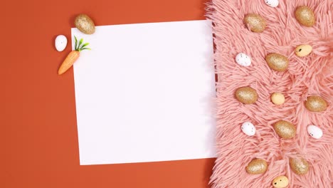 easter eggs appear on fur on red background and paper card note appear next. stop motion