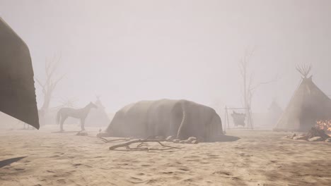 un pueblo nativo americano en un entorno árido con chozas nativas tradicionales, caballos y polvo en el aire, pan derecha de la cámara de animación 3d