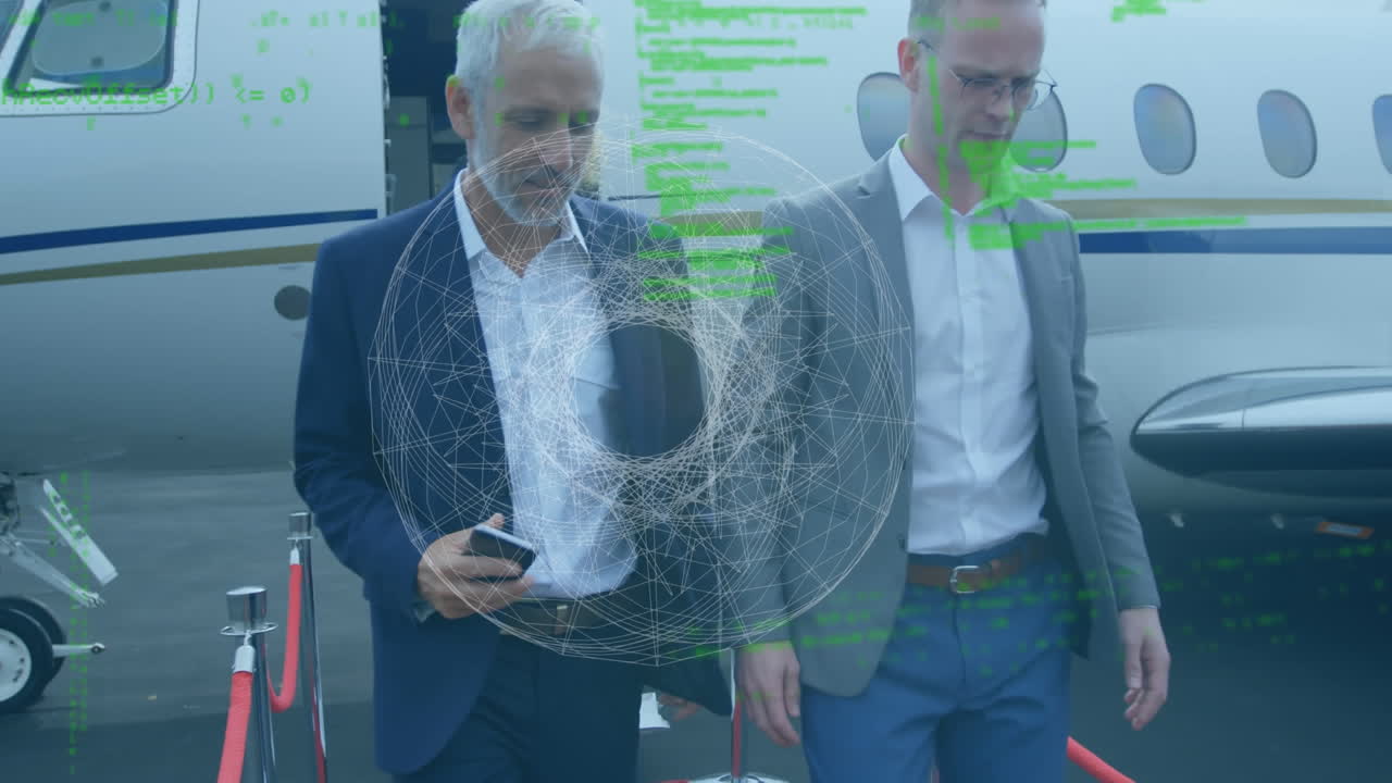 forma abstracta y procesamiento de datos sobre dos hombres de negocios hablando mientras caminan por la pista del aeropuerto