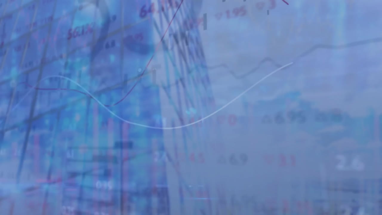 Animation of financial data processing over cityscape
