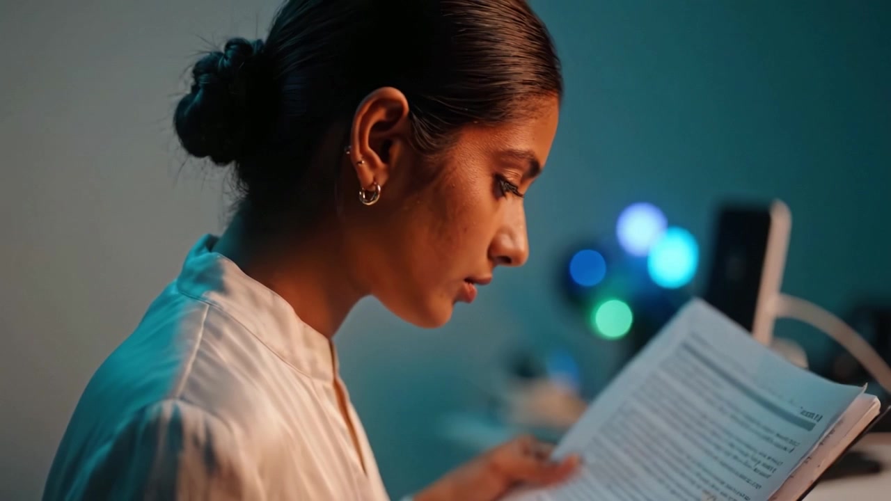 Focused Individual Reviewing Documents in a Softly Lit Environment with Background Colorful Lights, Emphasizing Concentration and Professionalism in a Modern Setting