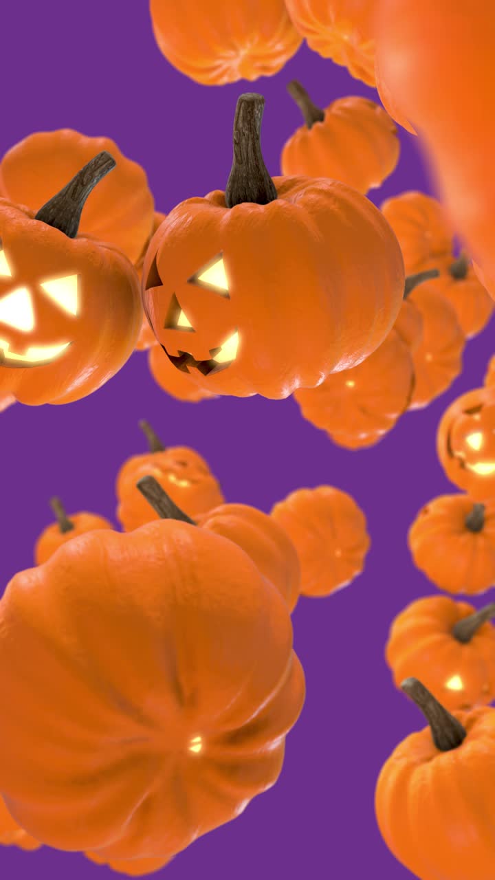 Glowing Jack-o'-Lanterns Floating on Purple Background