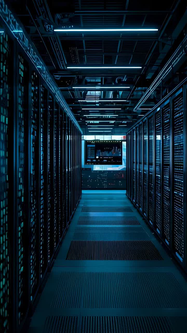 Vertikal video: Kameraet glider ned ad datacentrets gang og fremhæver blinkende server-LED'er