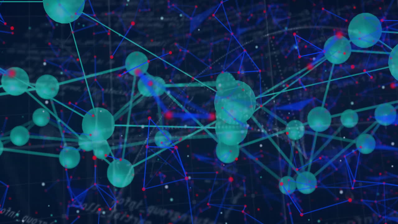 Abstract digital network being visualized, showing green spheres floating on teal lines over grid