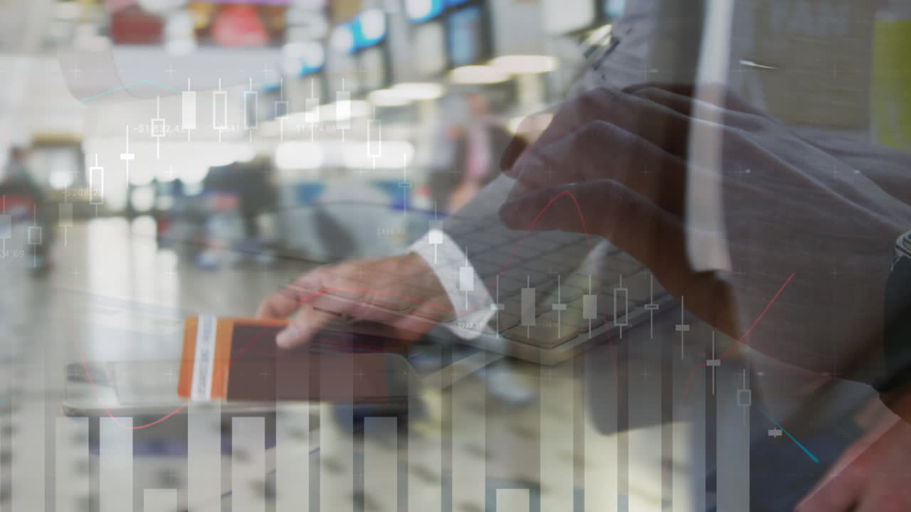 Elaborazione dati statistici su sfondo di uomo d'affari in aeroporto e persona che digita sulla tastiera.