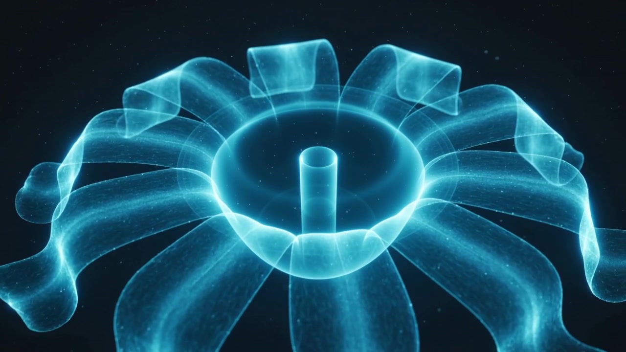 Reacting to column rising, cyan hologram curling ribbon arms above shallow dish in dark starfield