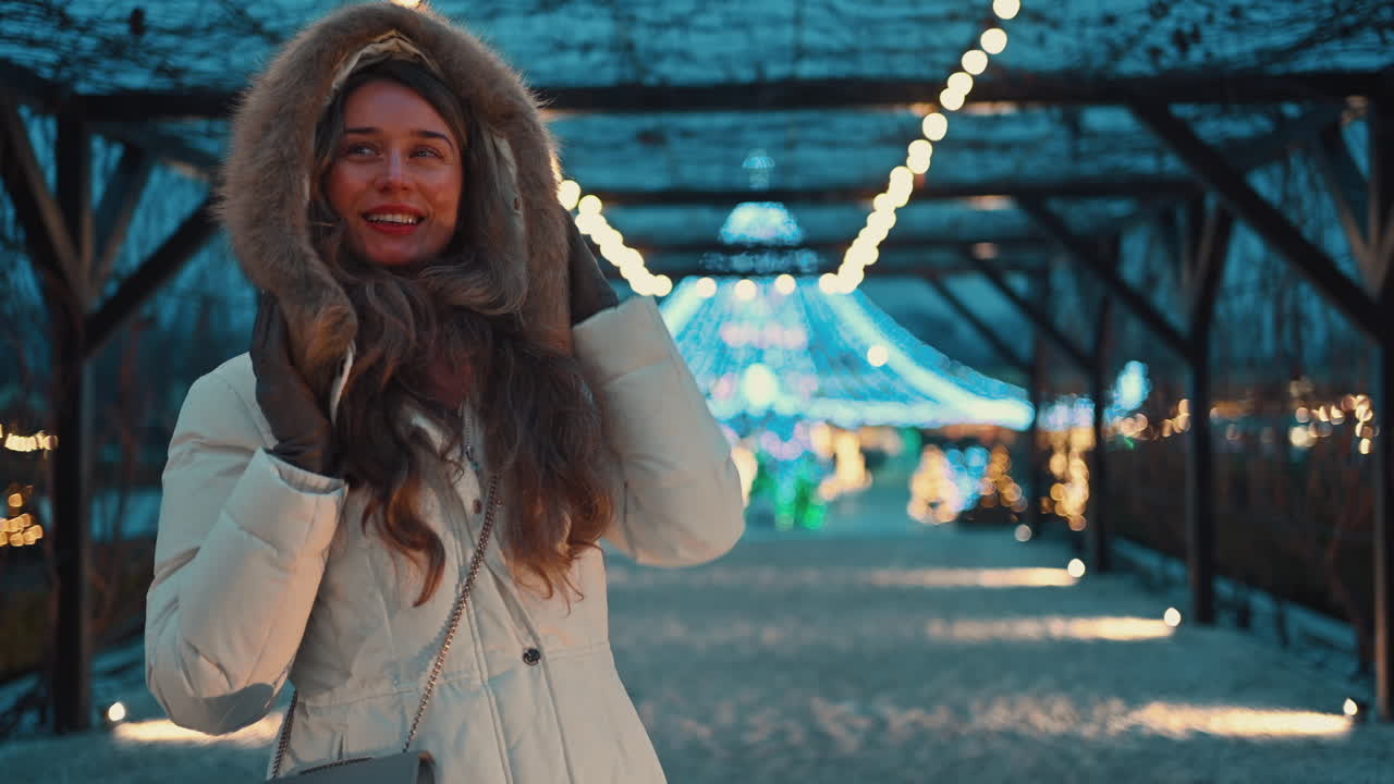 Woman in white coat at the Christmas market in Chisinau, Moldova