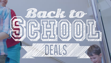 Animation-of-back-to-school-deals-text-over-happy-caucasian-schoolboys-running-up-stairs