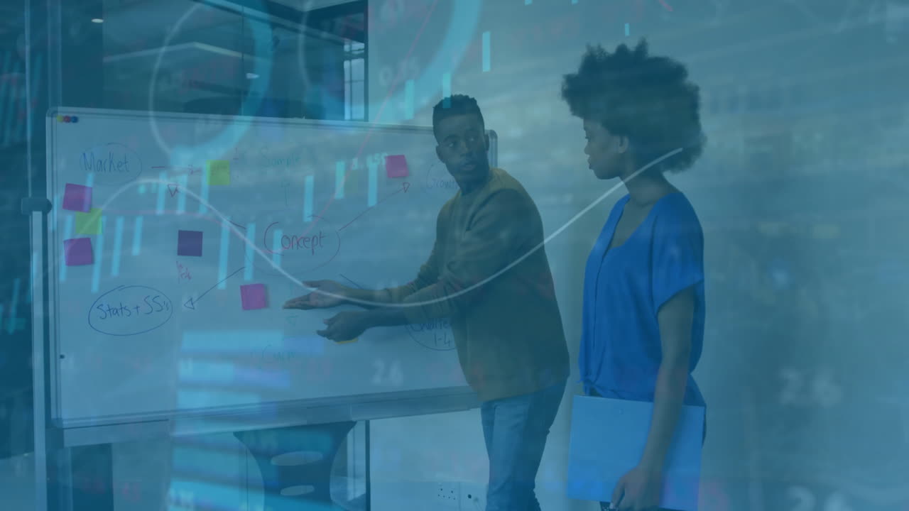 Animation of financial data processing over diverse business people in office