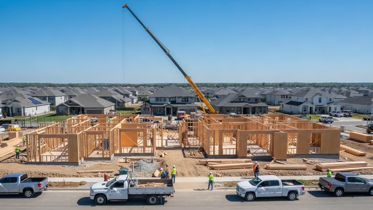 New residential construction site with house framing and a crane