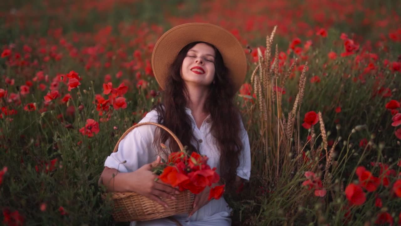 retrato de una hermosa chica de cabello oscuro en un campo de flores silvestres y amapolas rojas, con un sombrero y un vestido, sosteniendo una canasta tejida de flores y sonriendo