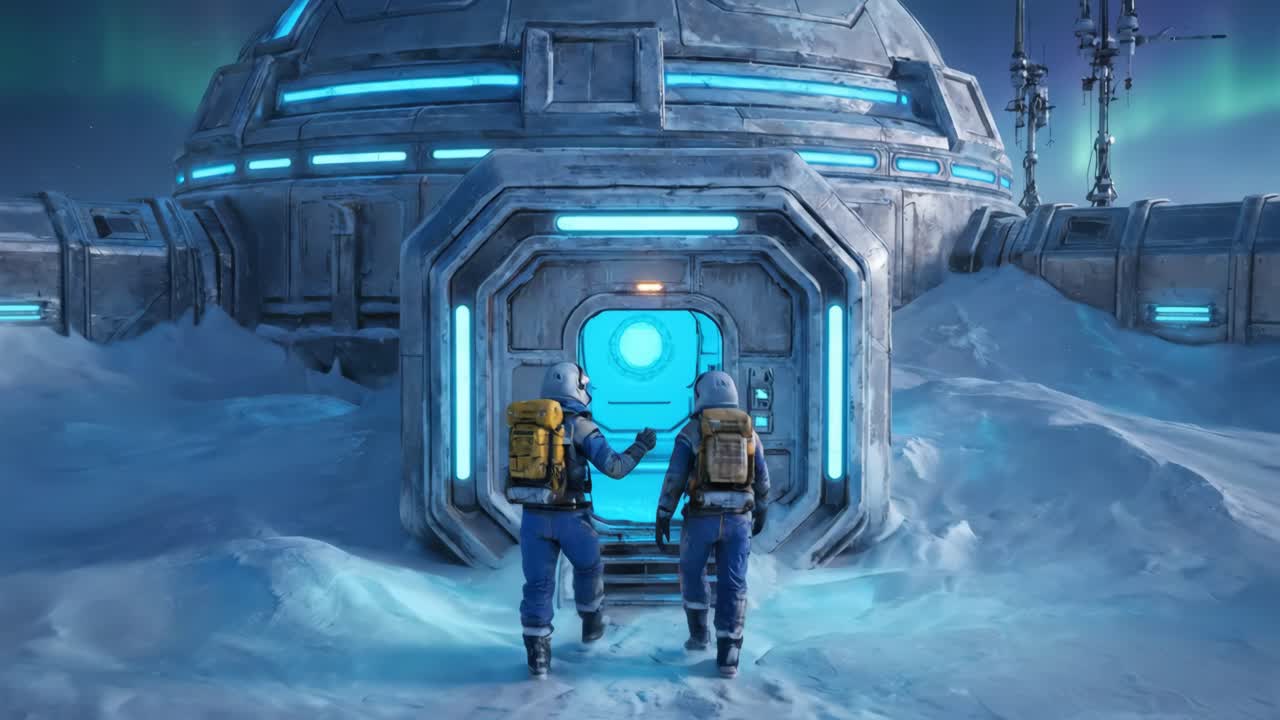 Due esploratori camminano verso una base di ricerca artica futuristica sotto l'aurora