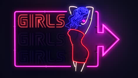 realistic 3d render of a vivid and vibrant animated flashing neon sign for an adult club depicting the words girls girls girls, with a plain background