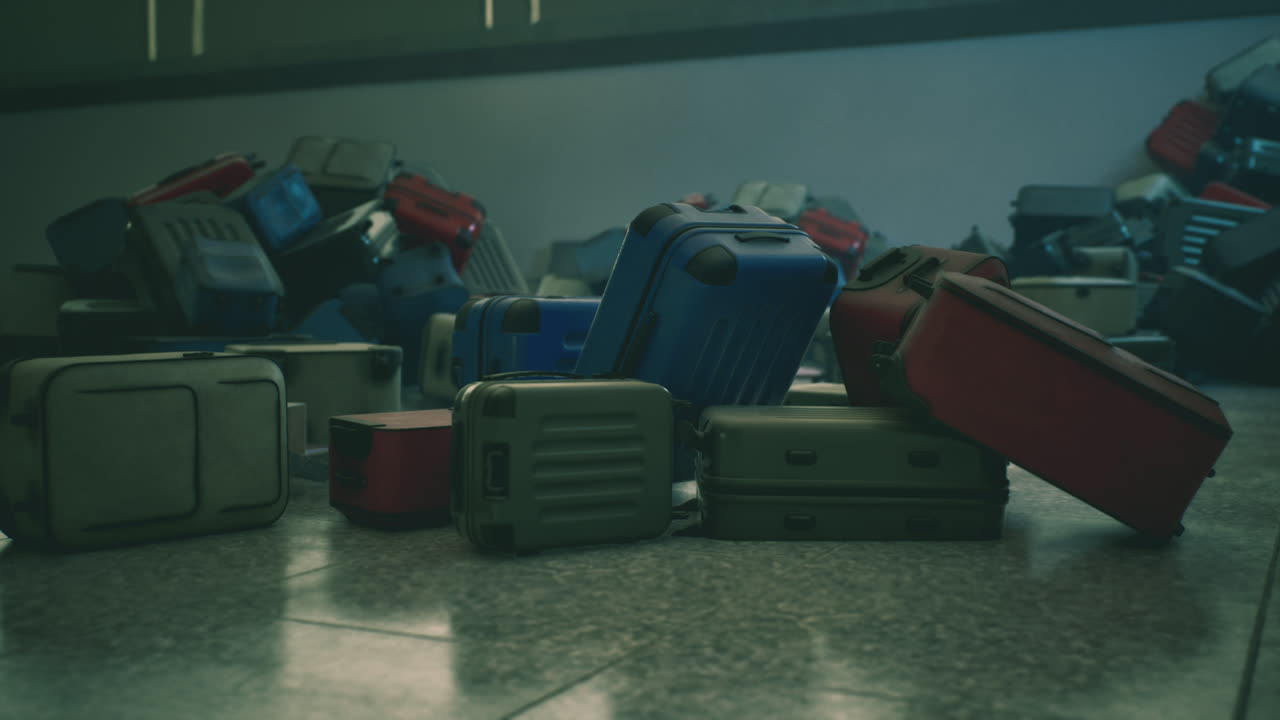 An abandoned airport terminal filled with neglected luggage piles in disarray