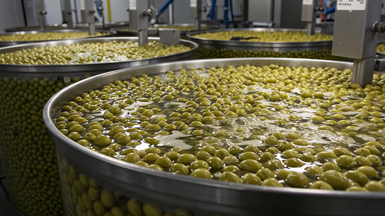 Massive Tanks of Green Olives Floating in Brine, Showcasing the Fermentation Process in a Commercial Food Production Facility