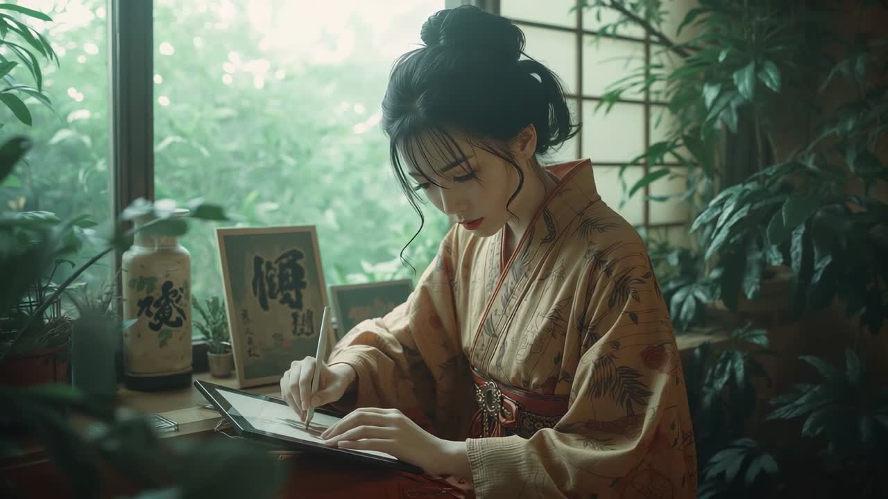 スタイラスを構え、着物姿の女性が窓際でタブレットにスケッチし、アートワークを改良している様子。